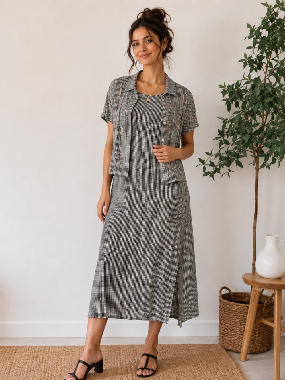 Talbots Vintage Gingham Dress + Embroidered Blouse Set |  Midi Size 12P